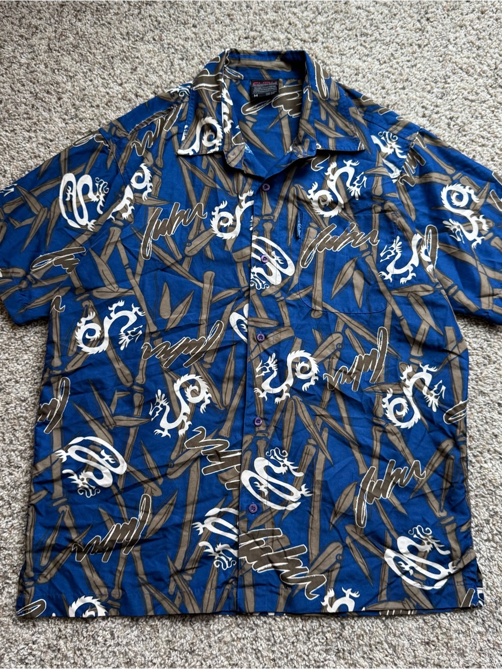 Vtg FUBU Men’s All Over Print Bamboo Dragon Short Sleeve Button Up Y2K M Rare